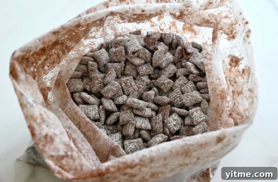 Yuletide Puppy Chow 5 Homemade muddy buddies coated in powdered sugar, sealed within a large plastic bag.