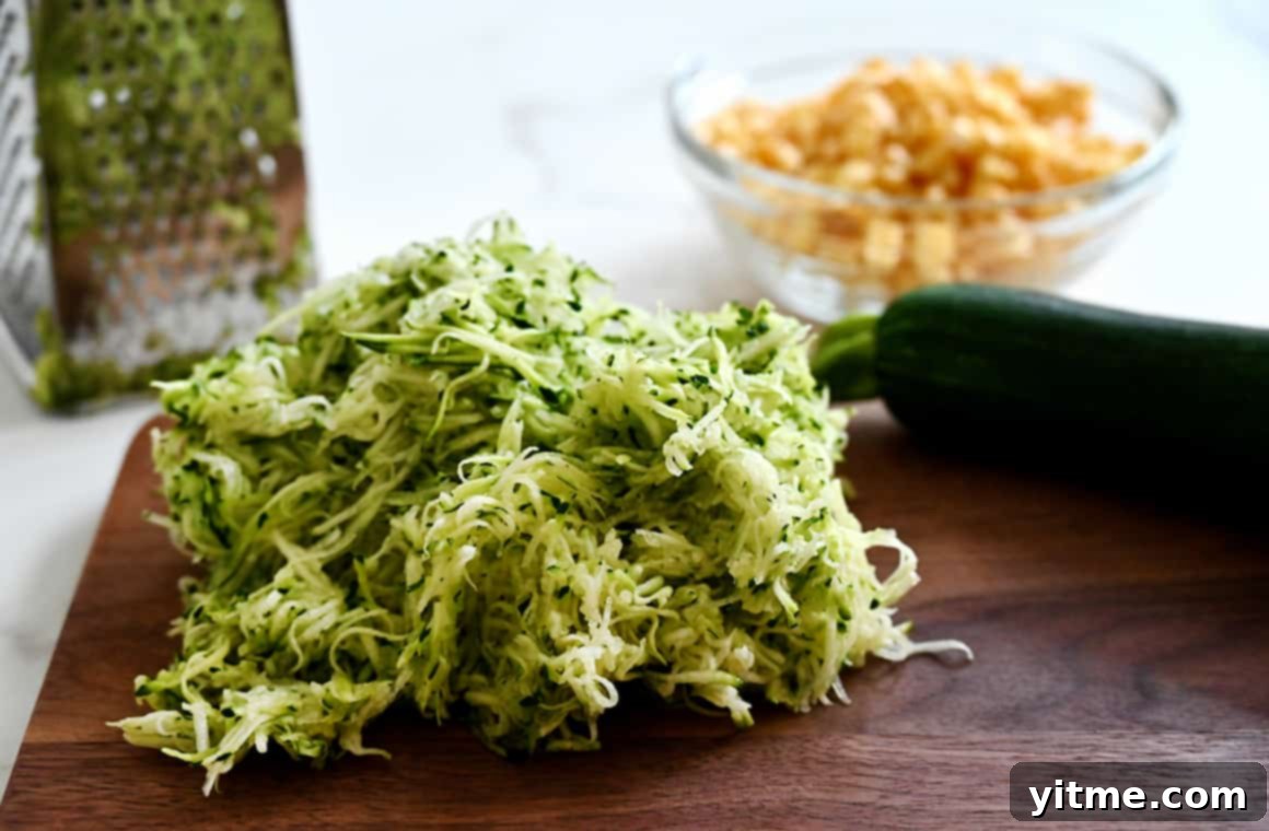 Baked or Air Fried Corn and Zucchini Fritters 3 Finely grated squash on a cutting board