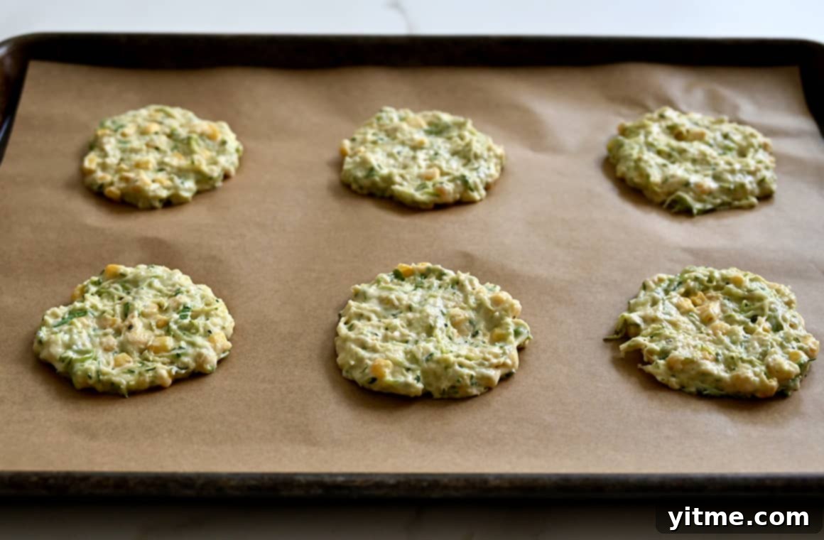 Baked or Air Fried Corn and Zucchini Fritters 5 Unbaked fritters on a parchment paper-lined baking sheet