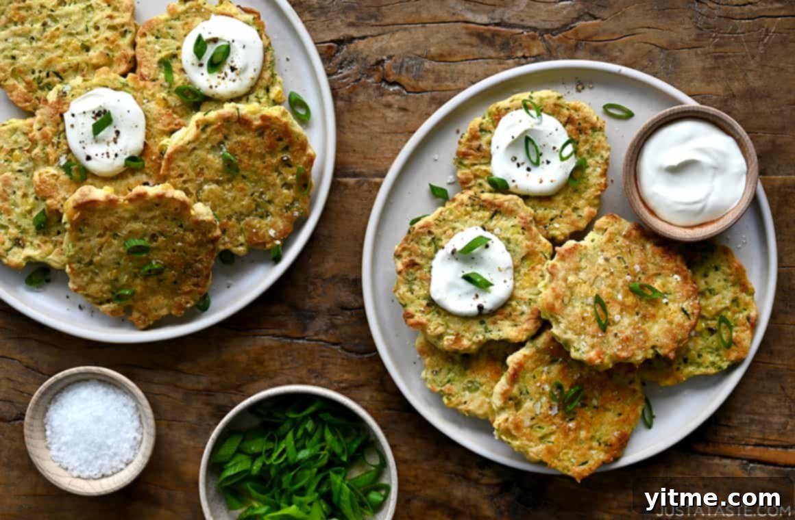 Baked or Air Fried Corn and Zucchini Fritters 6 Two plates piled high with corn and zucchini fritters topped with sour cream and sliced scallions