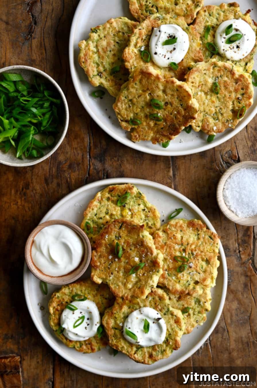 Baked or Air Fried Corn and Zucchini Fritters 7 A top-down view of Baked Corn and Zucchini Fritters on a plate next to a small bowl containing sour cream