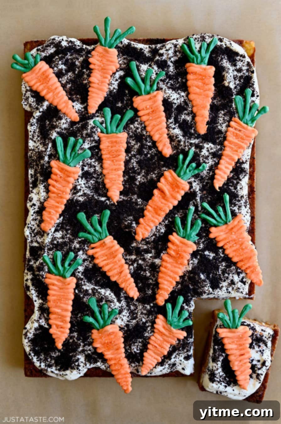 Zesty Carrot Cake Squares with Creamy Frosting 2 Carrot Sheet Cake with Cream Cheese Frosting, Oreo dirt, and candy melt carrots