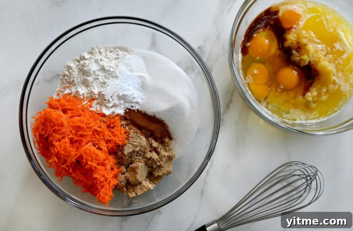 Zesty Carrot Cake Squares with Creamy Frosting 4 Wet and dry ingredients in clear bowls: flour, sugar, spices, eggs, oil, and vanilla extract