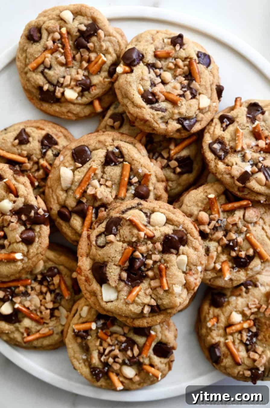 A top-down view of beautifully baked, soft and chewy Kitchen Sink Cookies, richly studded with crushed pretzels, generous chocolate chunks, and crunchy chopped macadamia nuts, artfully arranged on a clean white plate.