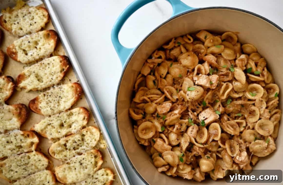 French onion chicken pasta with Gruyere toasts, perfect for dipping.