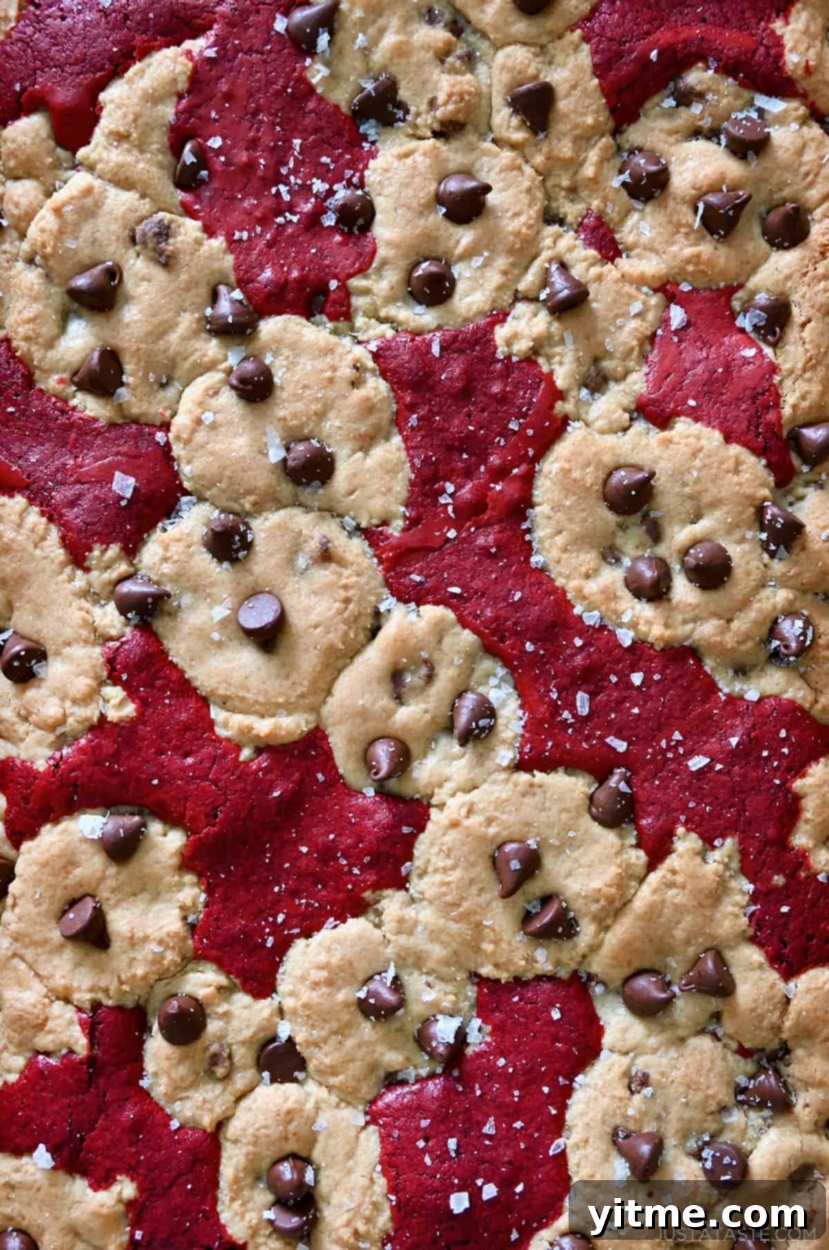Ruby Velvet Brownie Cookies 7 A close-up view of freshly baked red velvet brookies, rich in color, beautifully studded with melted chocolate chips, and elegantly sprinkled with large-flake sea salt, inviting a delicious bite.