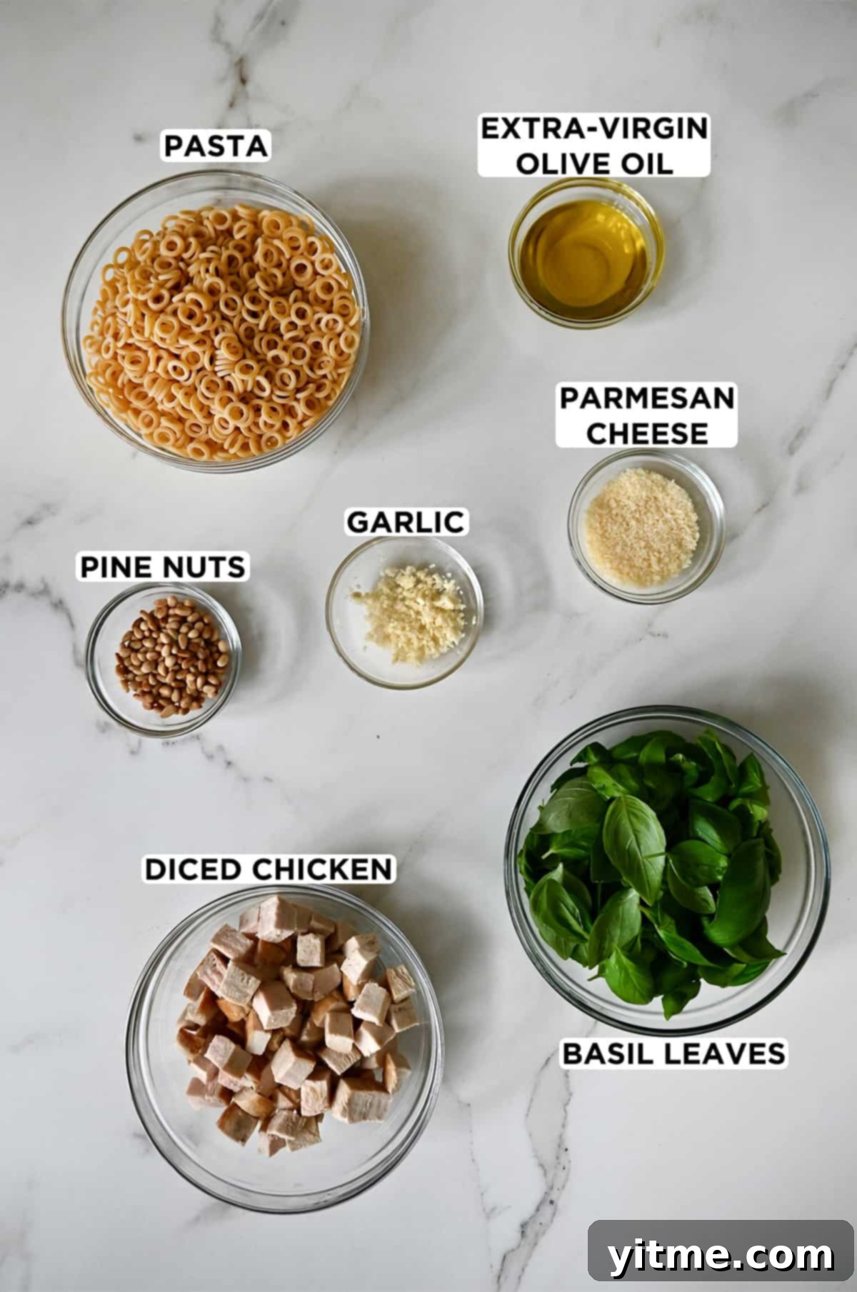 A top-down view of various sized clear bowls containing dry pasta, olive oil, parmesan cheese, fresh basil, cubed cooked chicken breast, garlic, and pine nuts – all ingredients ready for the pesto pasta salad.