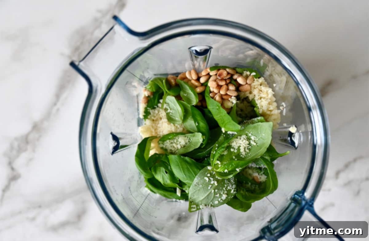 A top-down view of a blender container with fresh basil leaves, toasted pine nuts, roughly chopped garlic, and grated Parmesan cheese, ready to be blended into pesto.