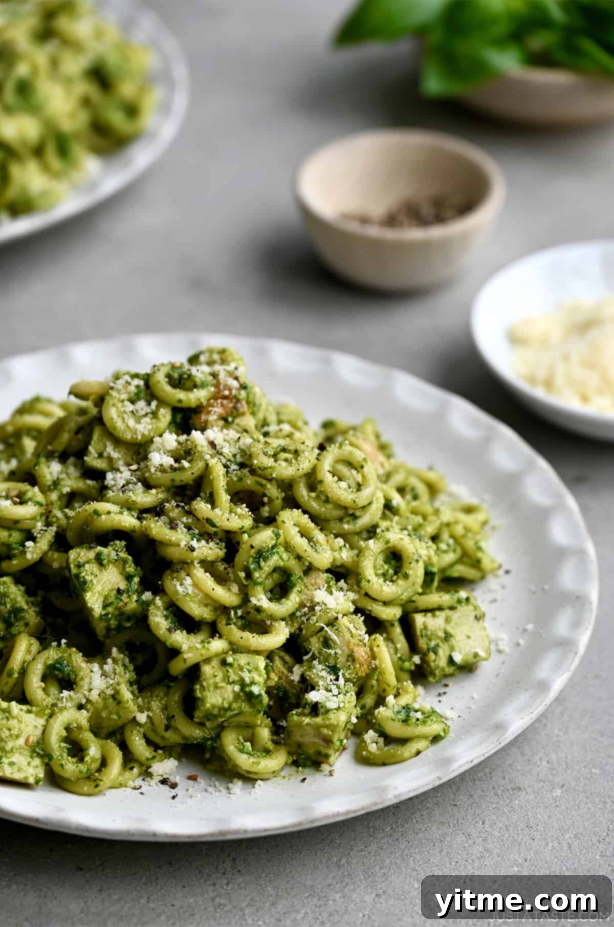 Easy pesto pasta with chicken pieces and a sprinkle of Parmesan on a white dinner plate, ready to be enjoyed.