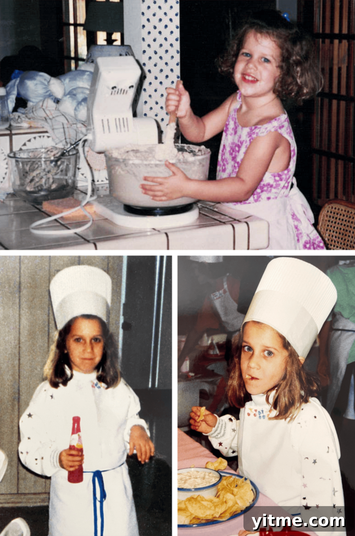Old photos of a young Chef Kelly Senyei, including one from her 5th birthday party with a chef theme, showing her early love for cooking.