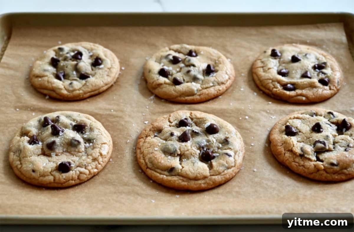 Nutella Stuffed Chocolate Chip Cookies sprinkled with sea salt, cooling on a baking sheet.