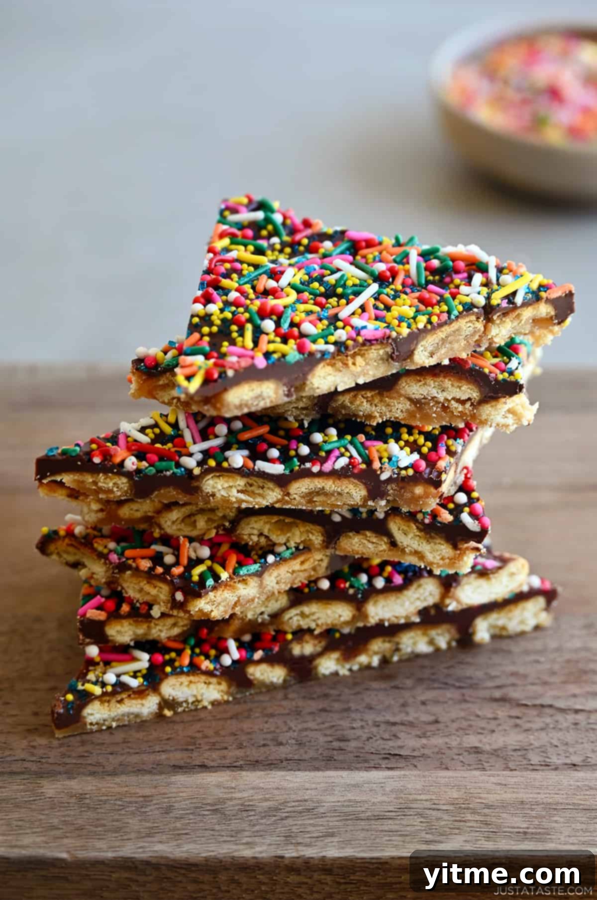 A stack of oyster cracker toffee bark with rainbow sprinkles on a wood cutting board.