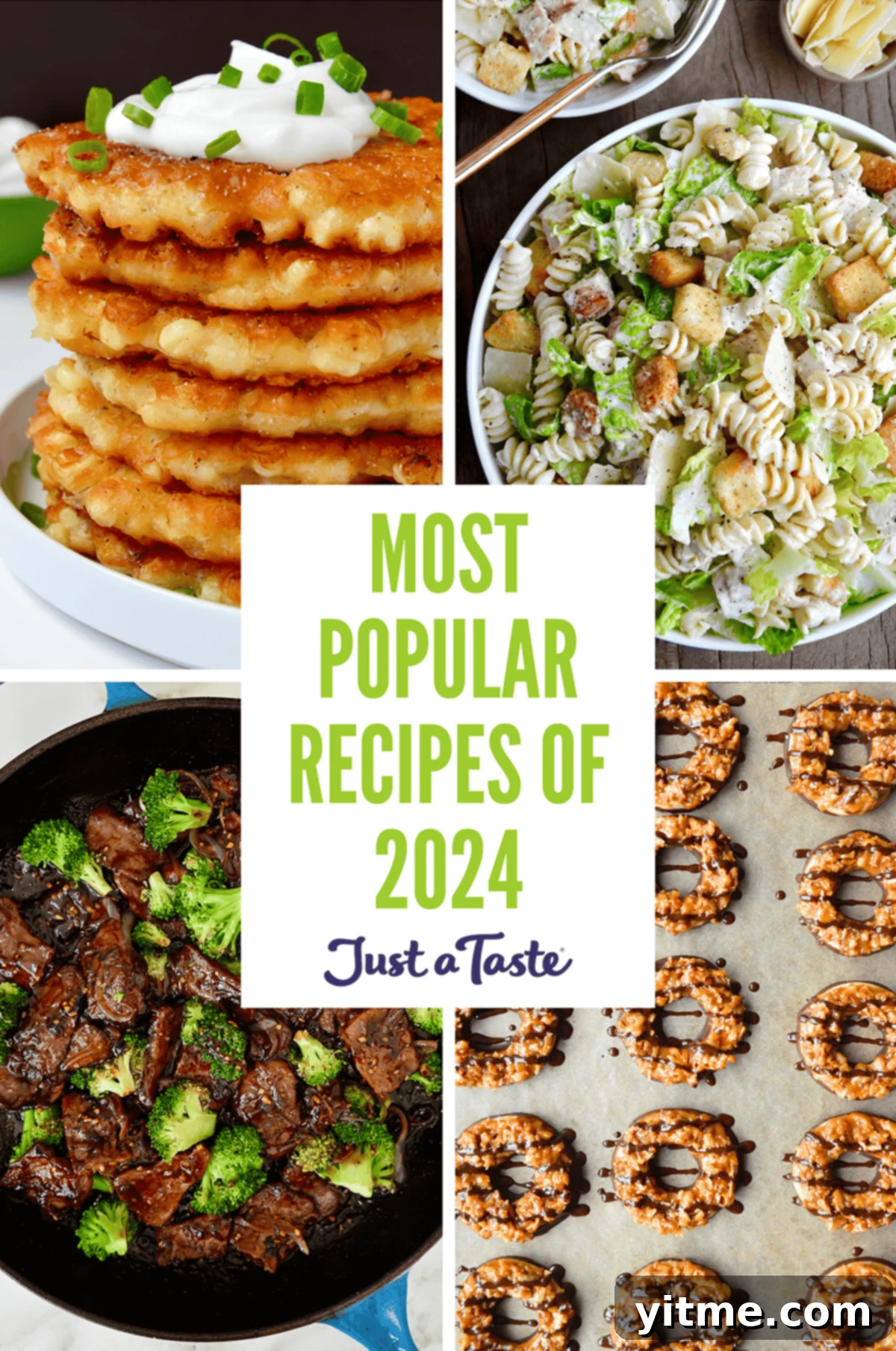 A delicious collage featuring the top 10 popular recipes of 2024, including golden corn fritters, a vibrant Caesar pasta salad, savory beef and broccoli, and irresistible homemade Samoas cookies.
