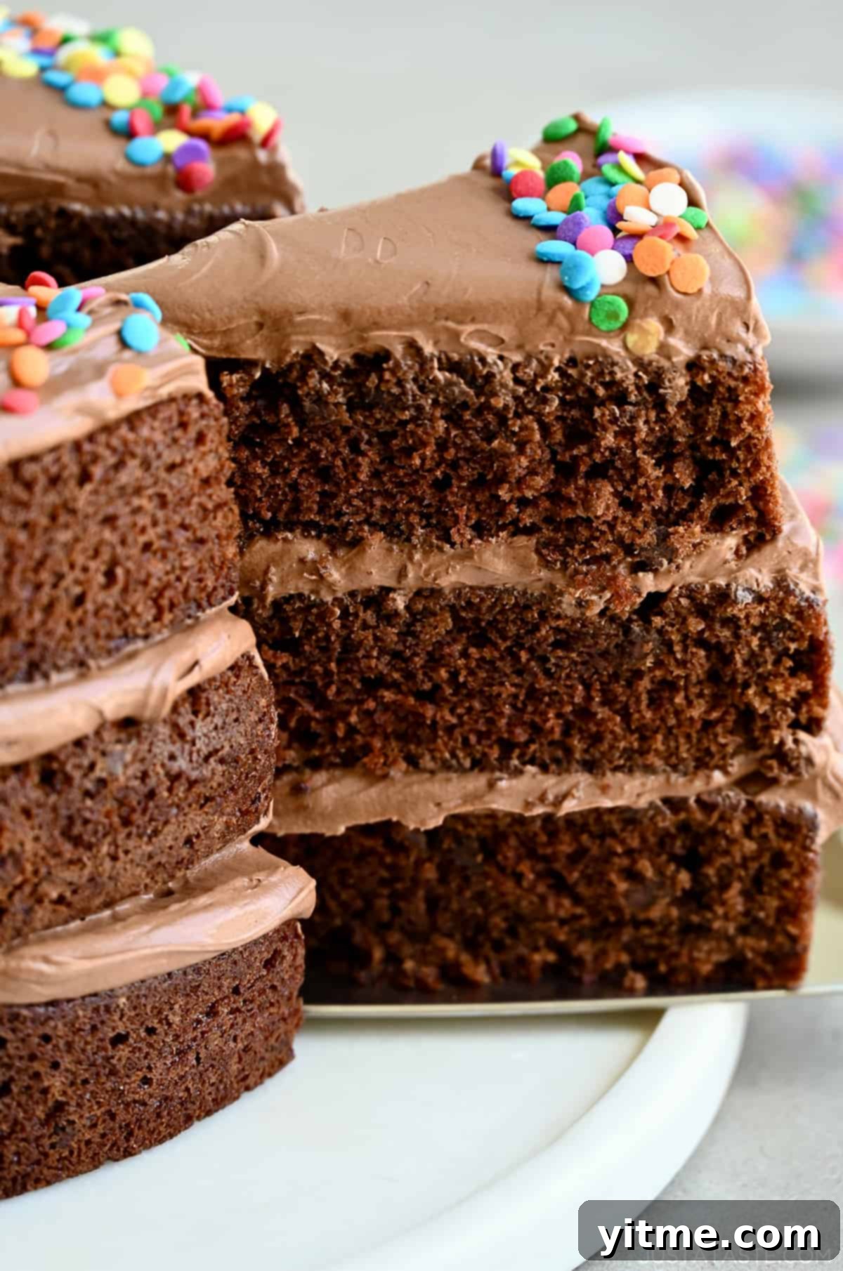 A slice of the best chocolate cake with three layers and coffee buttercream frosting.