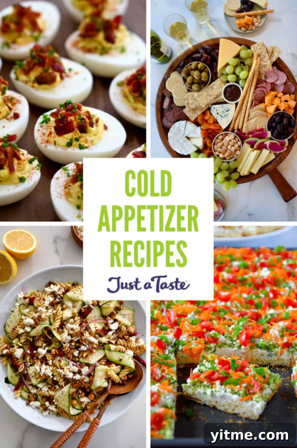 A collage of four recipes, deviled eggs with bacon, an epic charcuterie board, veggie pizza and zucchini pasta salad.