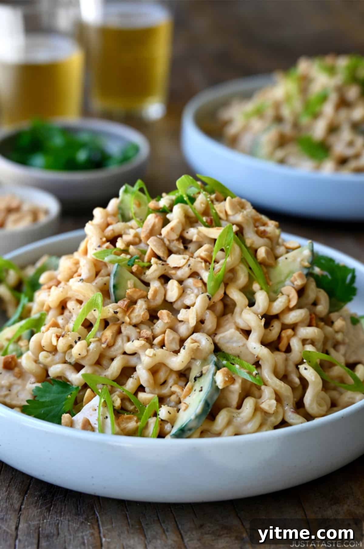 A white dinner bowl containing Thai Chicken Pasta Salad with sliced cucumbers and scallions, and shredded rotisserie chicken.