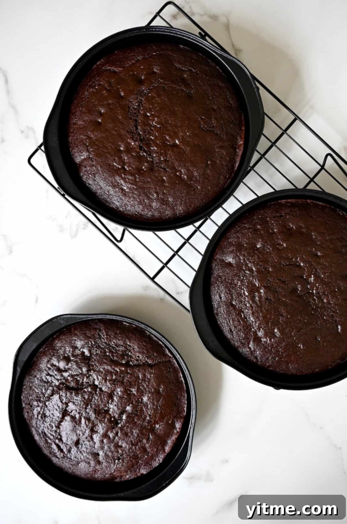 Three round cake pans with freshly baked chocolate cake.