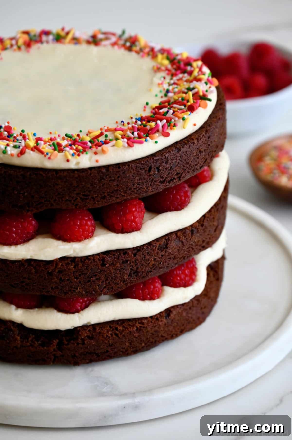 Three tiered chocolate cake with cream cheese frosting and fresh raspberries.