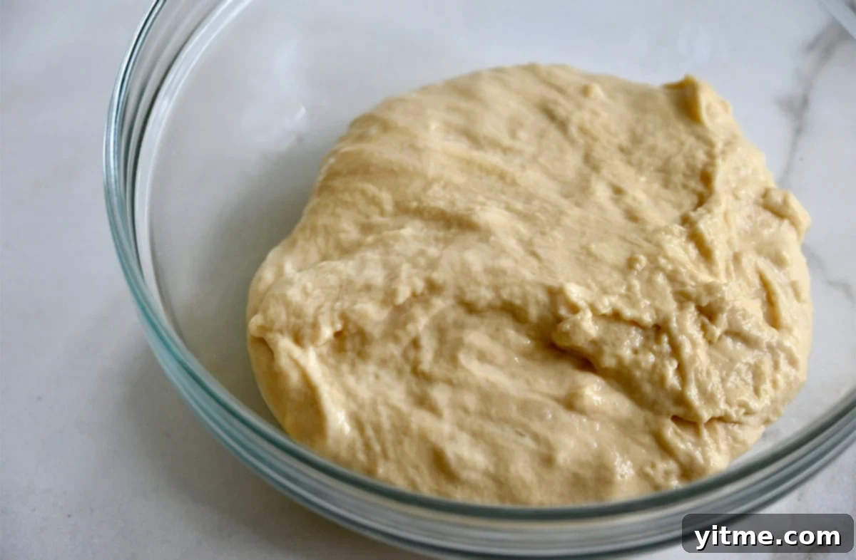 Spaetzle dough in a glass bowl.
