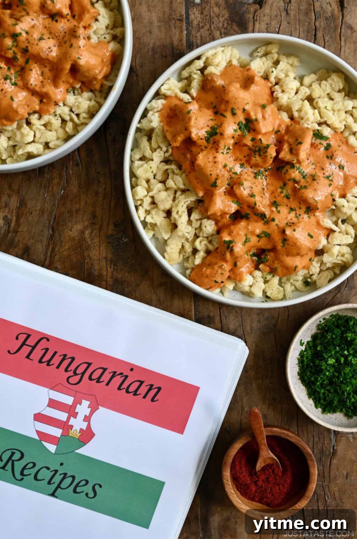 Hungarian recipes binder and dinner plates with Chicken Paprikash.