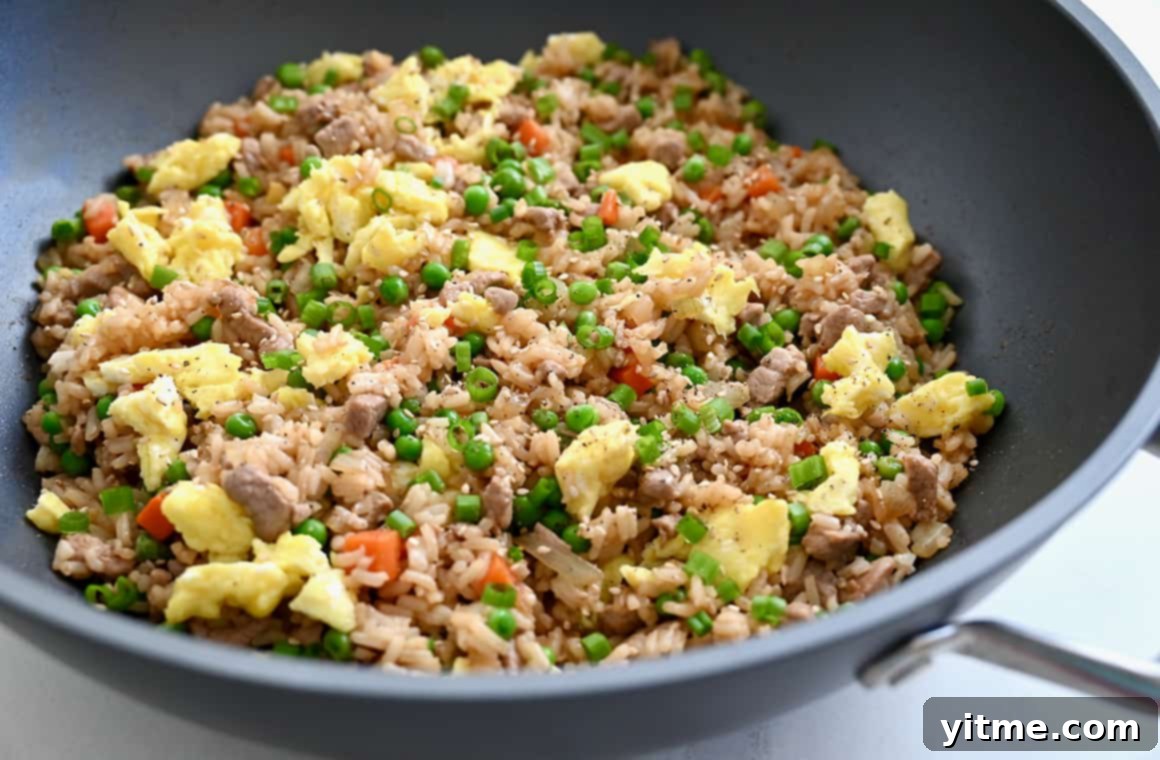 Pork fried rice in a wok