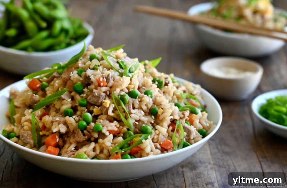 Serving bowl of pork fried rice