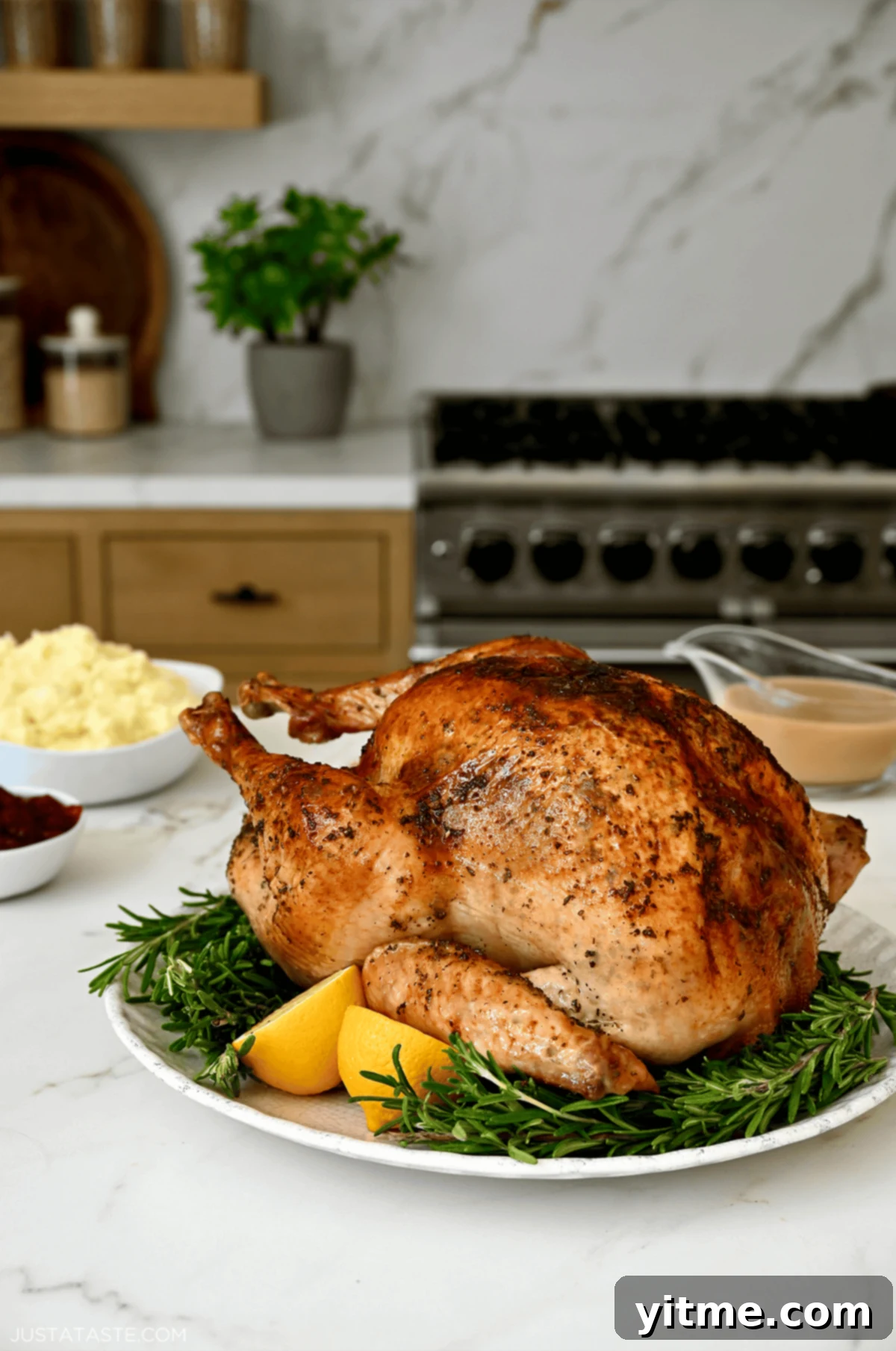 Easy roast turkey on a serving platter.