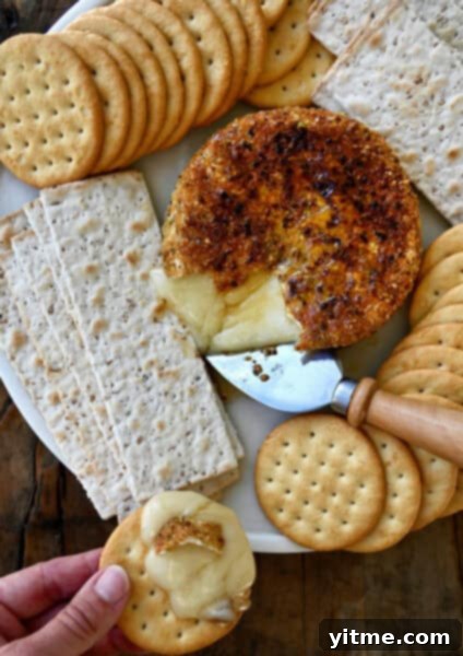 Gooey pan-fried brie with pistachios and honey on a plate surrounded by crackers.