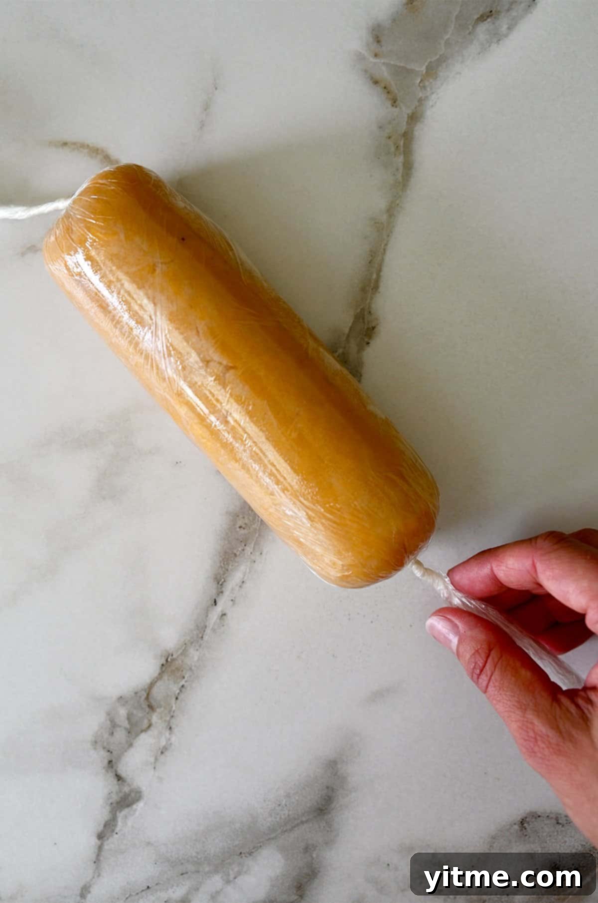 Wrapped shortbread dough.