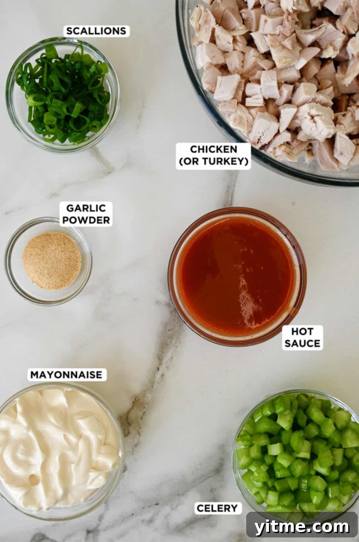 Buffalo Chicken Salad Sensation 3 Buffalo chicken salad ingredients: chicken, hot sauce, scallions, mayo, garlic powder, celery