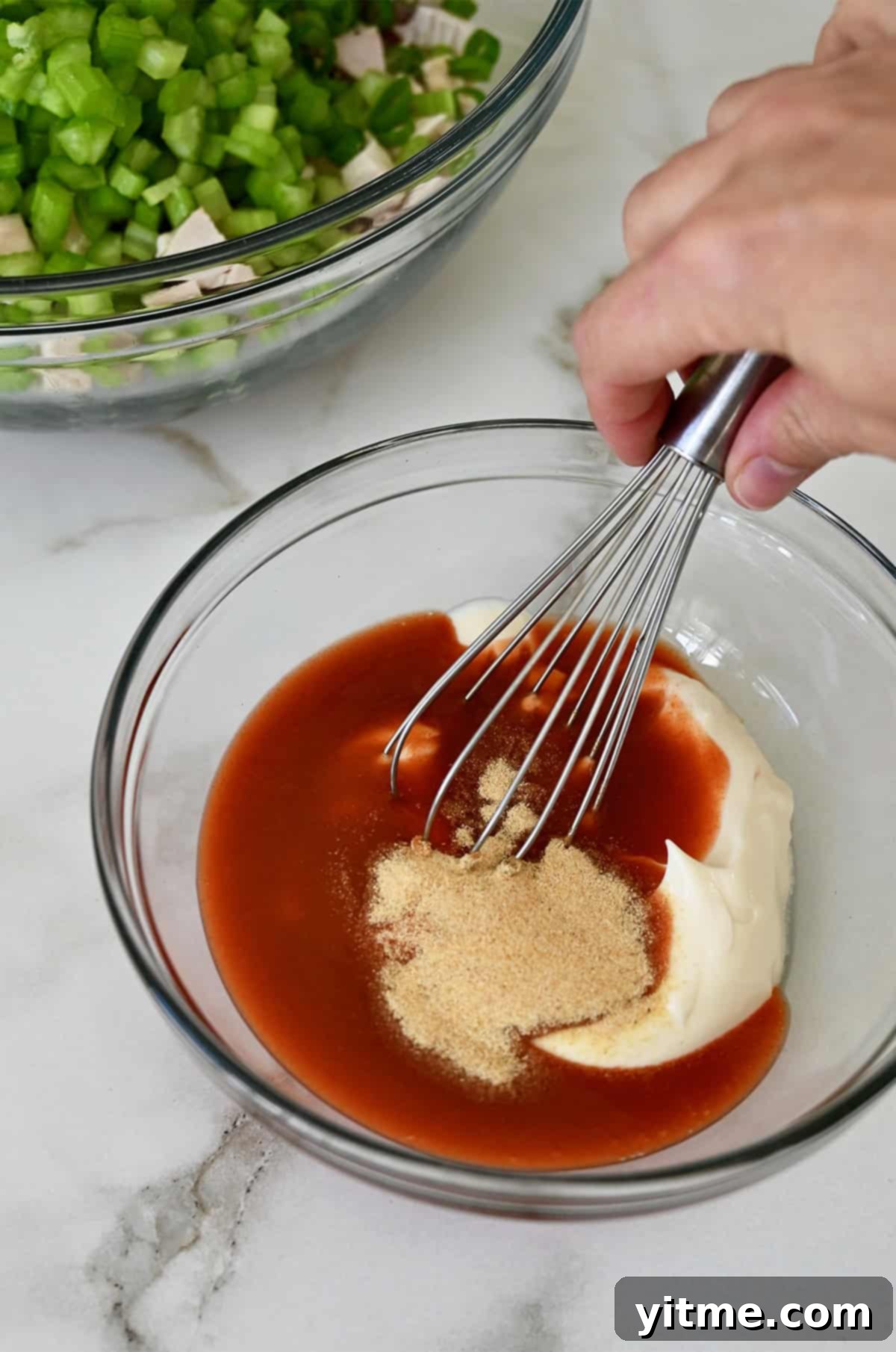 Buffalo Chicken Salad Sensation 4 Making the buffalo sauce: mayo, hot sauce, and garlic powder