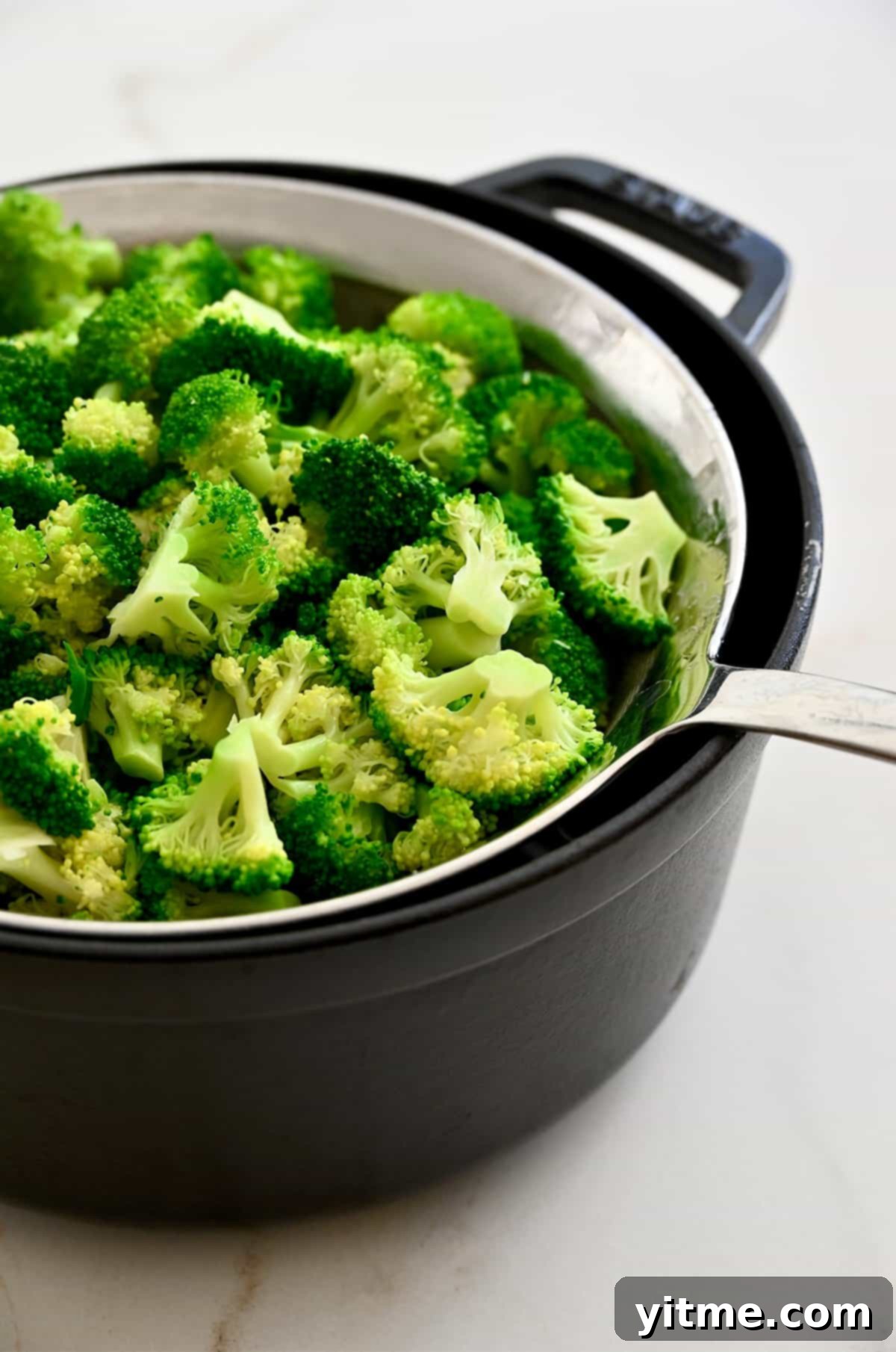 Blanched broccoli florets in a metal sieve over a pot. Preparing broccoli for the casserole.