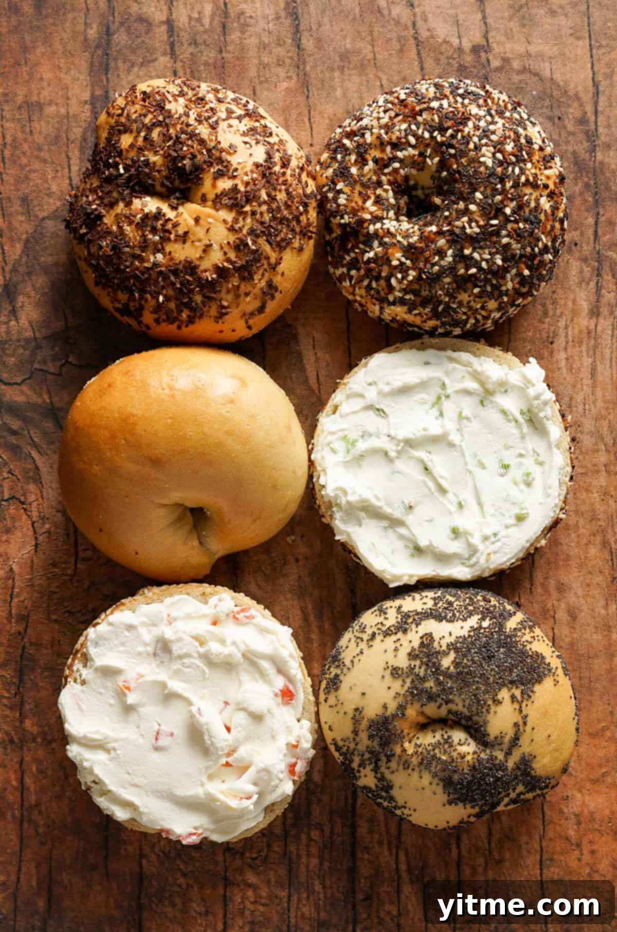 Whip Up Your Own Flavored Cream Cheese 2 Homemade bagels generously slathered with two distinct kinds of flavored cream cheese: a vibrant green scallion variety and a rich, creamy smoked salmon spread.