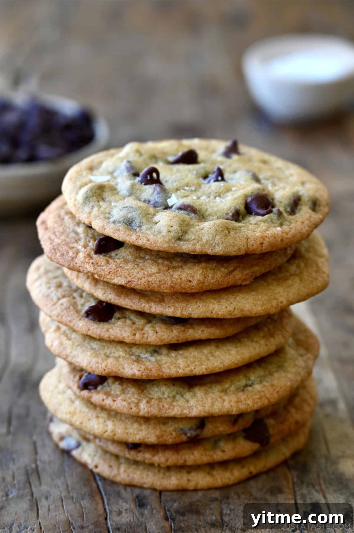 A tempting stack of freshly baked Nestlé Toll House chocolate chip cookies.