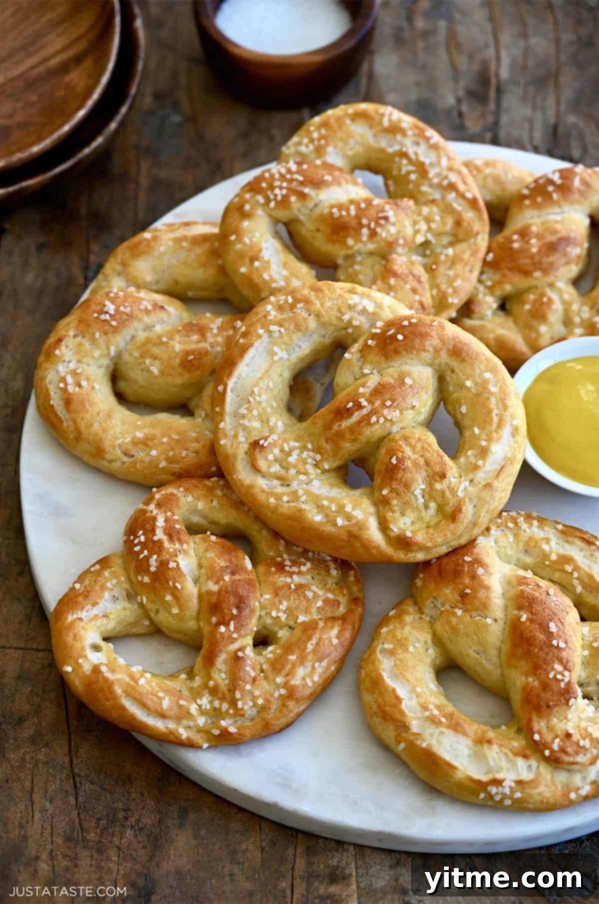 Cottage cheese soft pretzels served with mustard