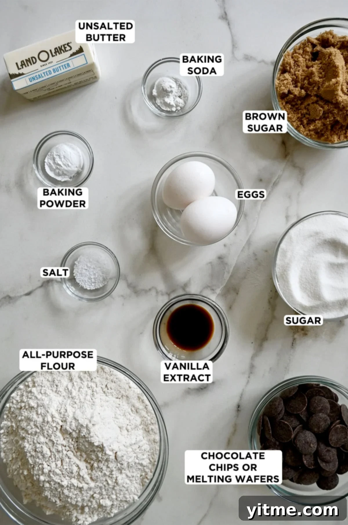 Vanilla Bean Dream Cookies 3 Ingredients to make chocolate chipless cookies in various sizes of glass bowls. A colorful and appetizing display of baking essentials.