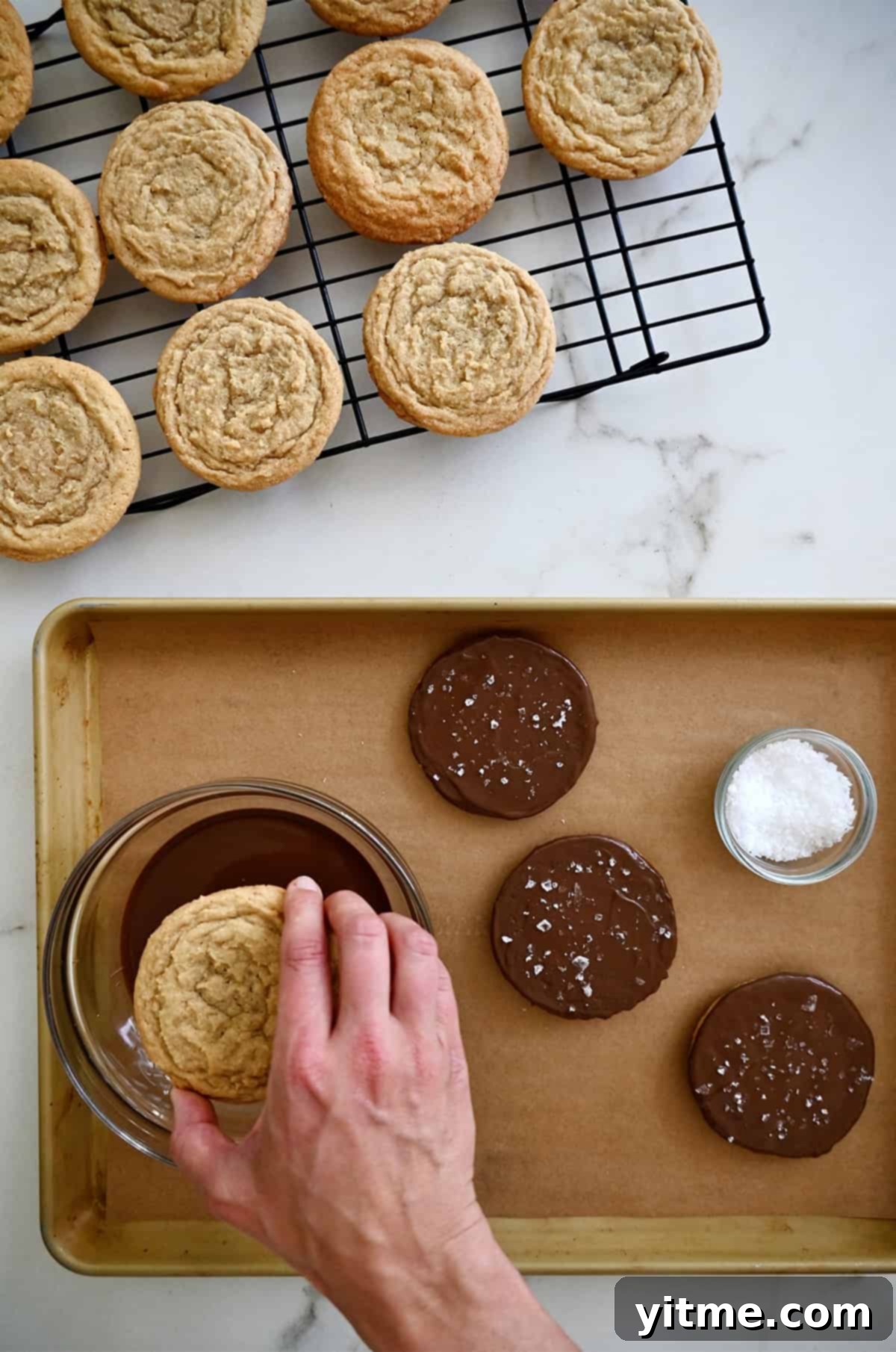Vanilla Bean Dream Cookies 10 Dipping the bottoms of chocolate chipless cookies into melted chocolate. A decadent transformation from classic to gourmet.