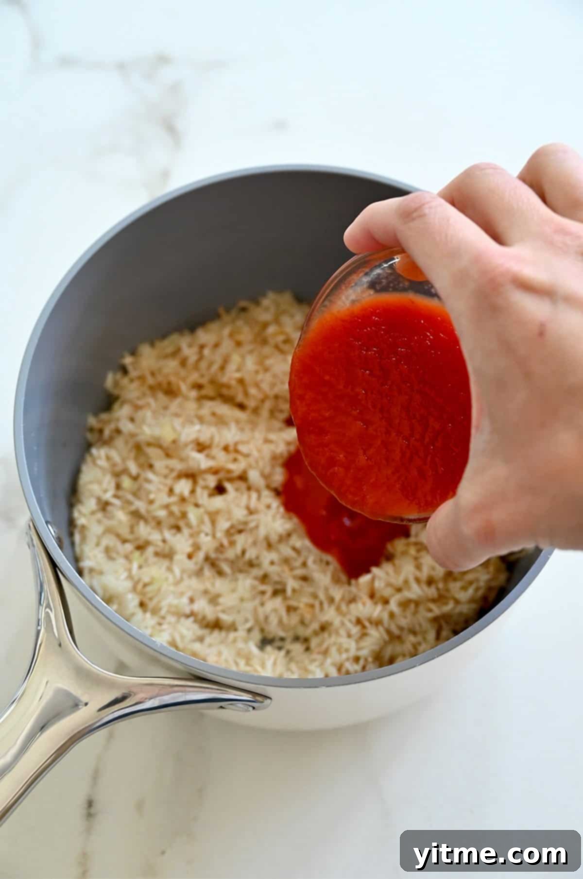 Vibrant Mexican Rice: A Flavorful Fiesta 6 Adding tomato sauce to toasted rice