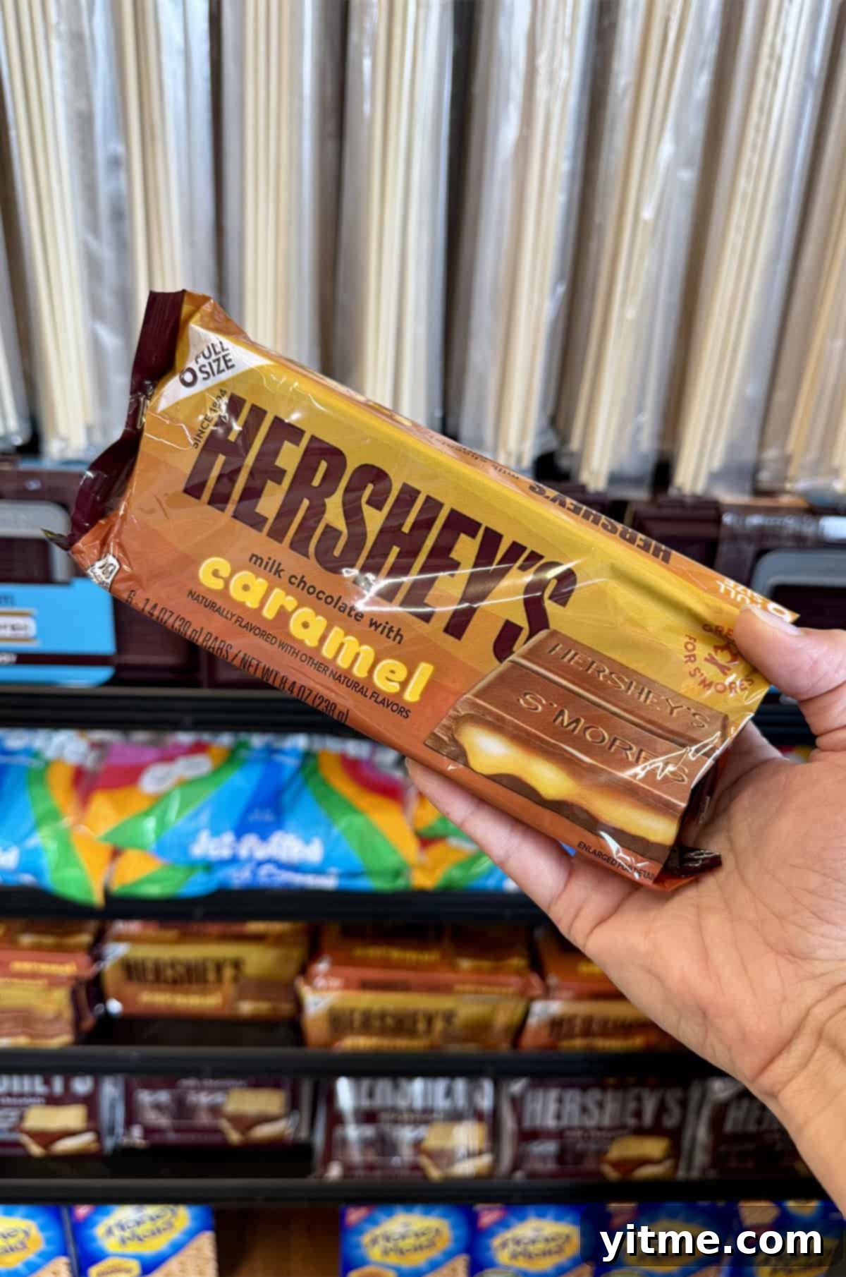 Hershey's Milk Chocolate with Caramel Candy bar, perfect for s'mores.
