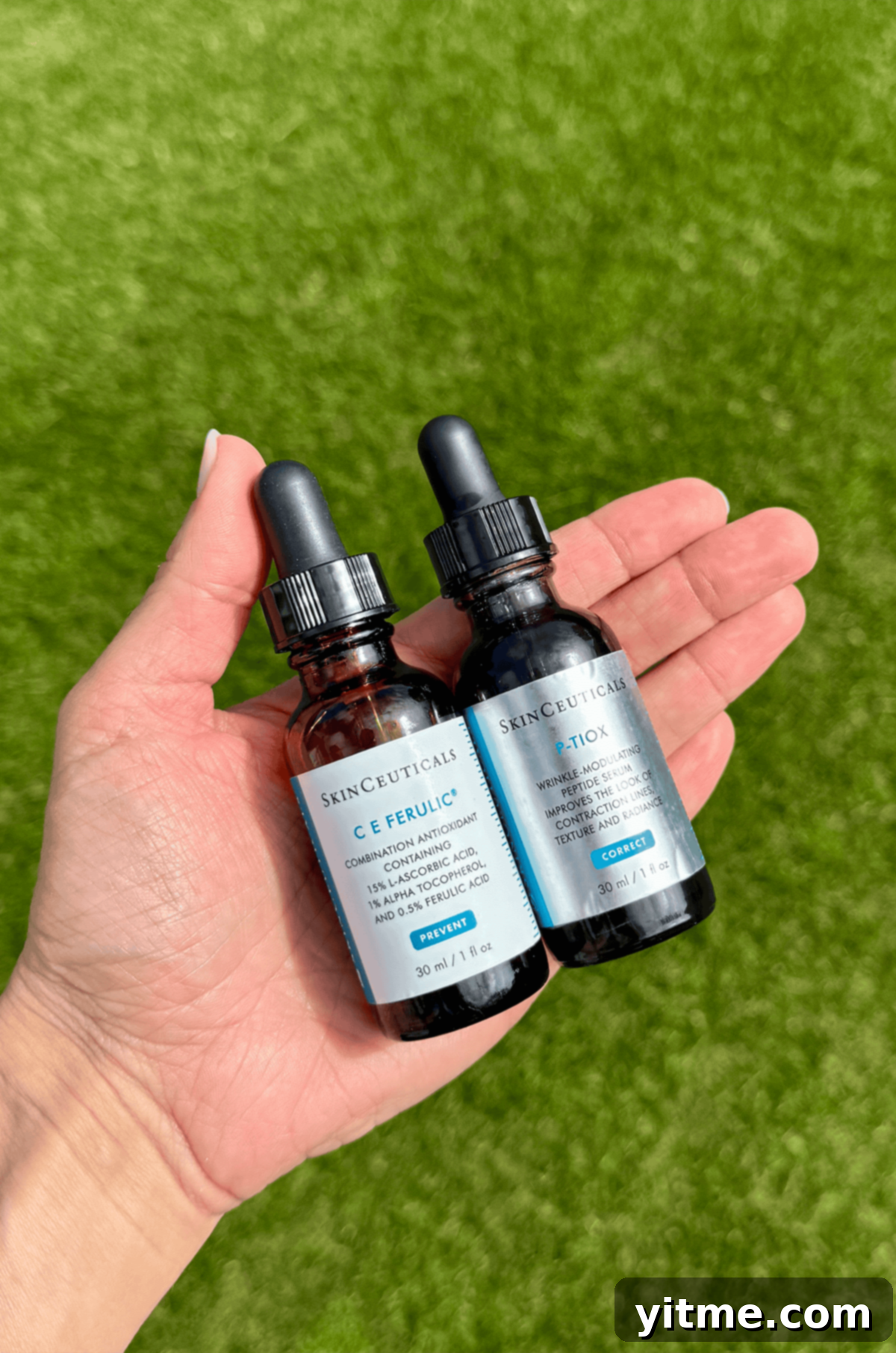 Skinceuticals P-TIOX, CE Ferulic serums and EltaMD sunscreen bottles, essential skincare products.