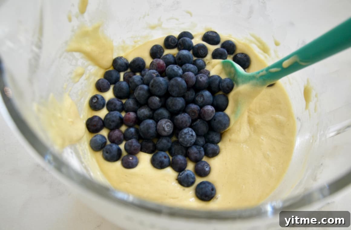 Bread batter with blueberries ready to be mixed with a spatula