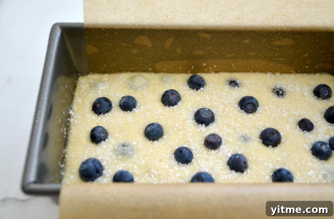 Loaf pan lined with parchment paper and batter with blueberries and sanding sugar