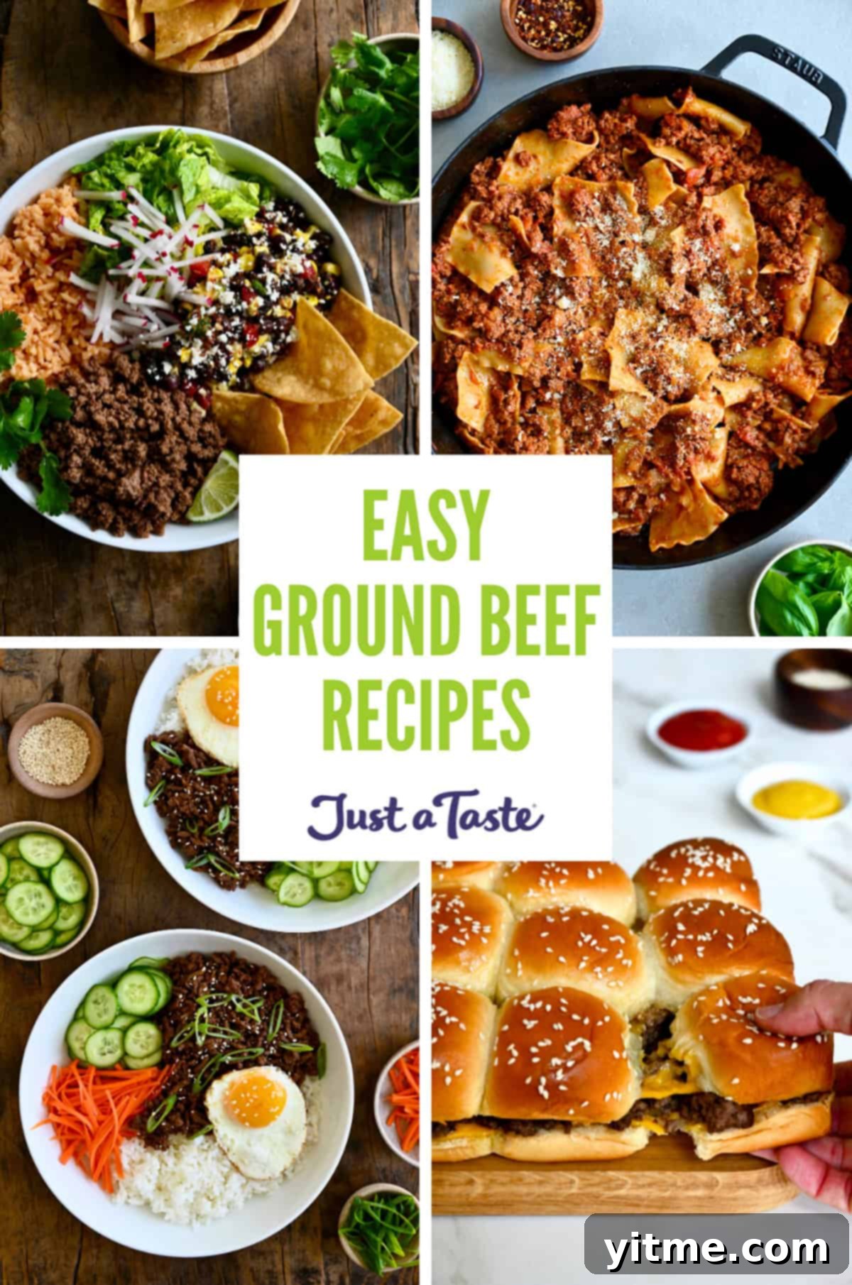 A collage of images showcasing various ground beef recipes, including Taco Bowls, Skillet Lasagna, Korean Beef Bowls, and Cheeseburger Sliders. These dishes represent easy and flavorful options for weeknight meals.