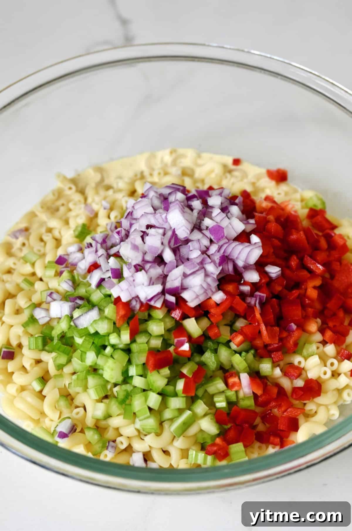 Diced celery, red onion and red bell peppers atop macaroni pasta in a large bowl.
