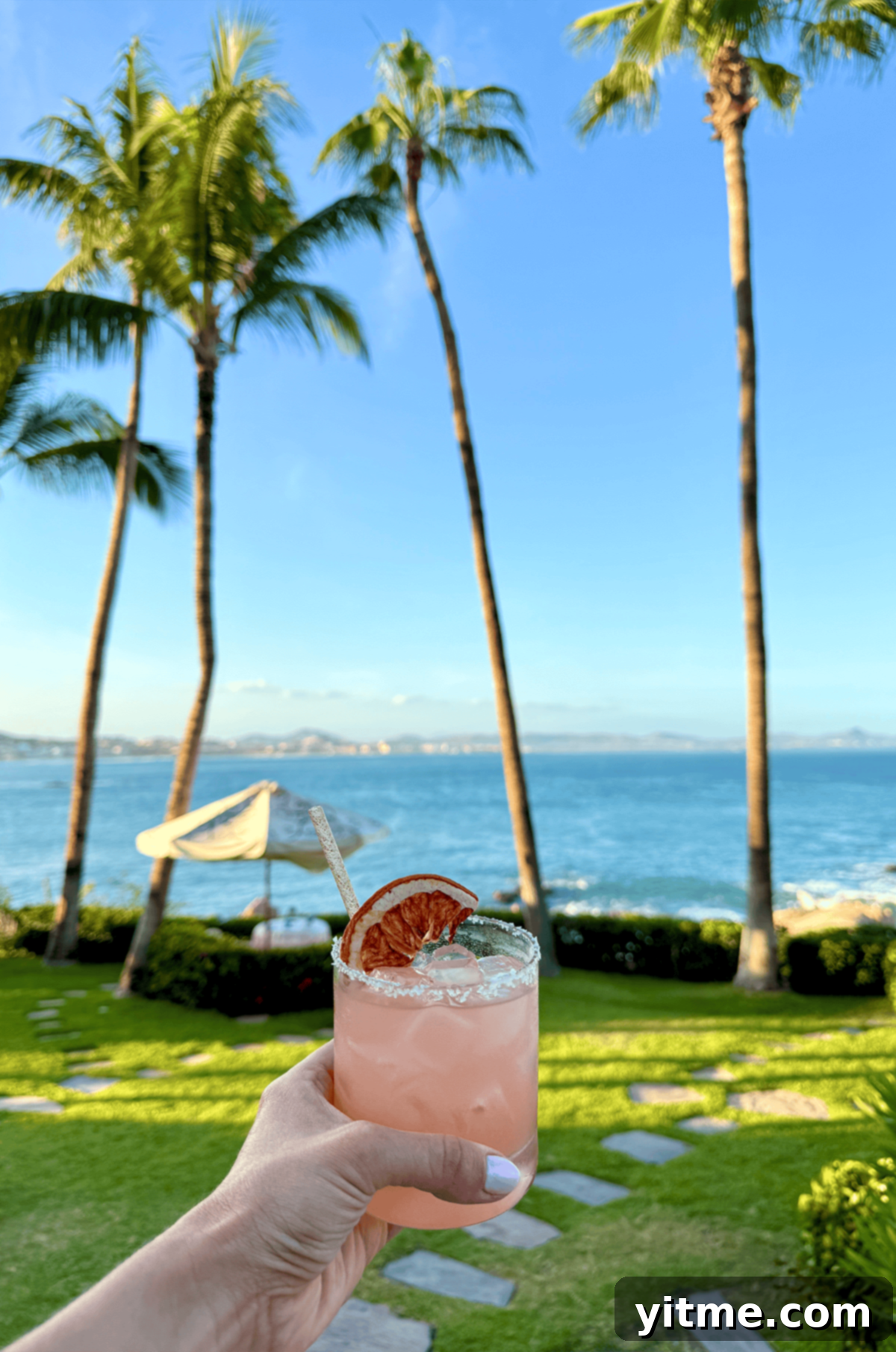 A hand holding a pink cocktail in front of palm trees and the ocean - The essence of relaxation on a tropical getaway.