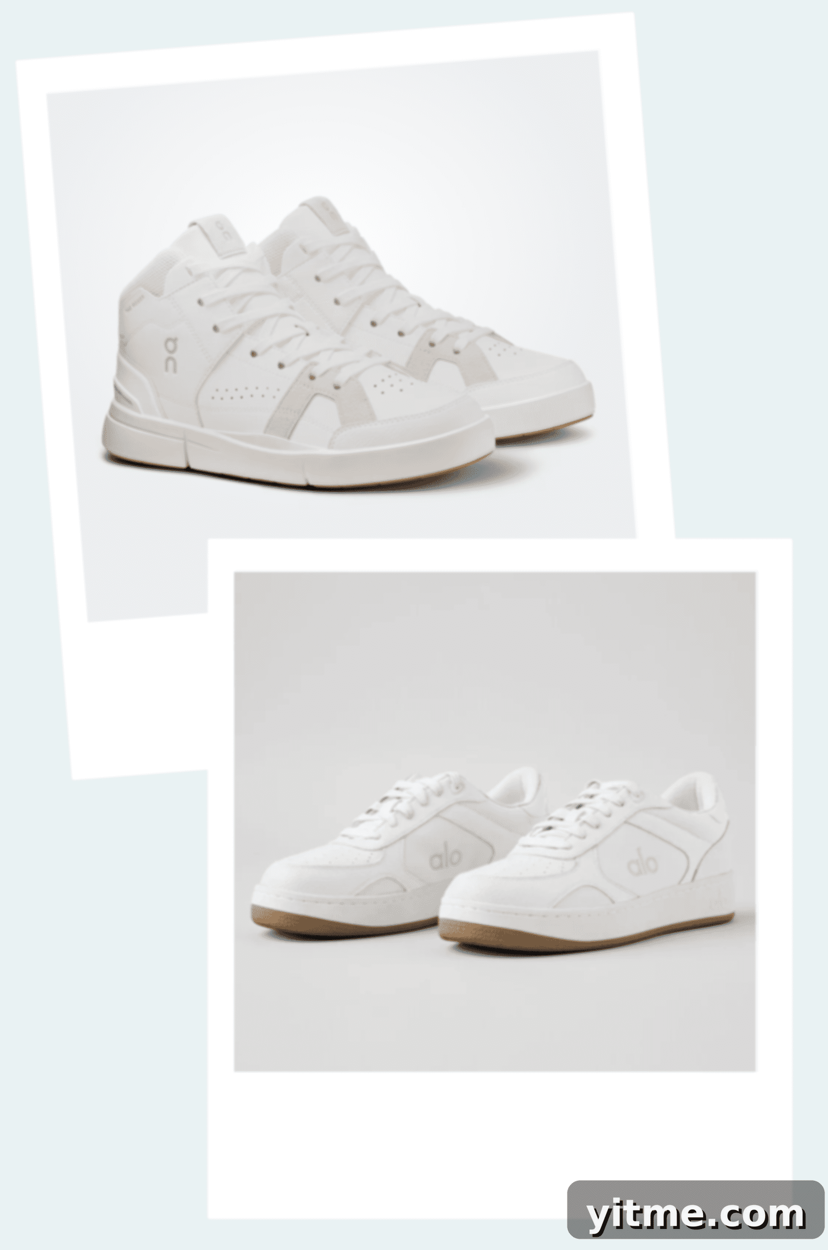 Two pairs of On and Alo white shoes - Showcasing stylish and comfortable footwear options.