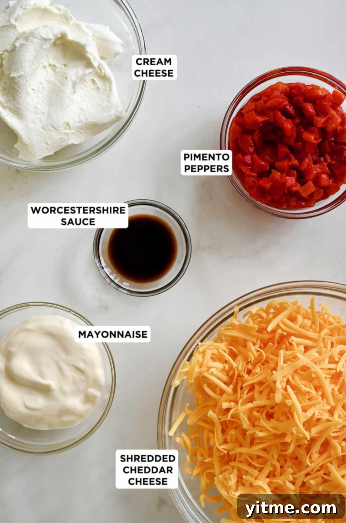 Pimento cheese ingredients: cream cheese, cheddar, mayo, pimentos, Worcestershire sauce