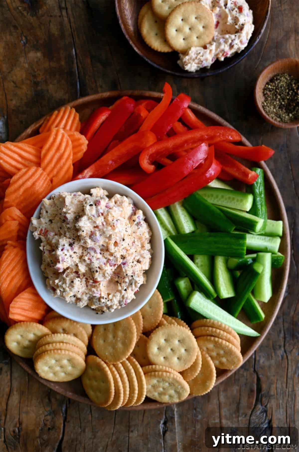 Pimento cheese with crackers and veggies