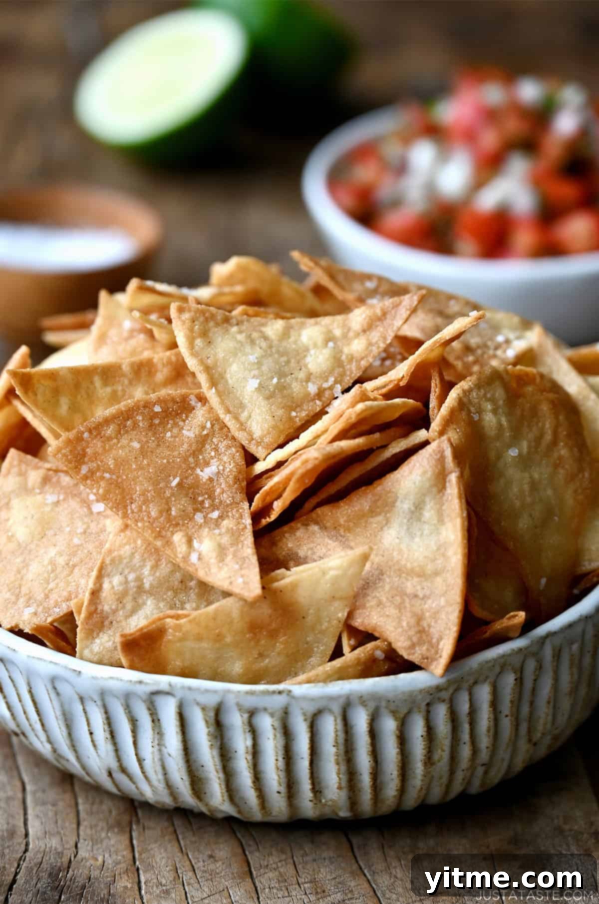 Crispy Homemade Tortilla Chips: Two Ways to Deliciousness 2 Homemade tortilla chips in a bowl near a small bowl filled with chunky salsa.