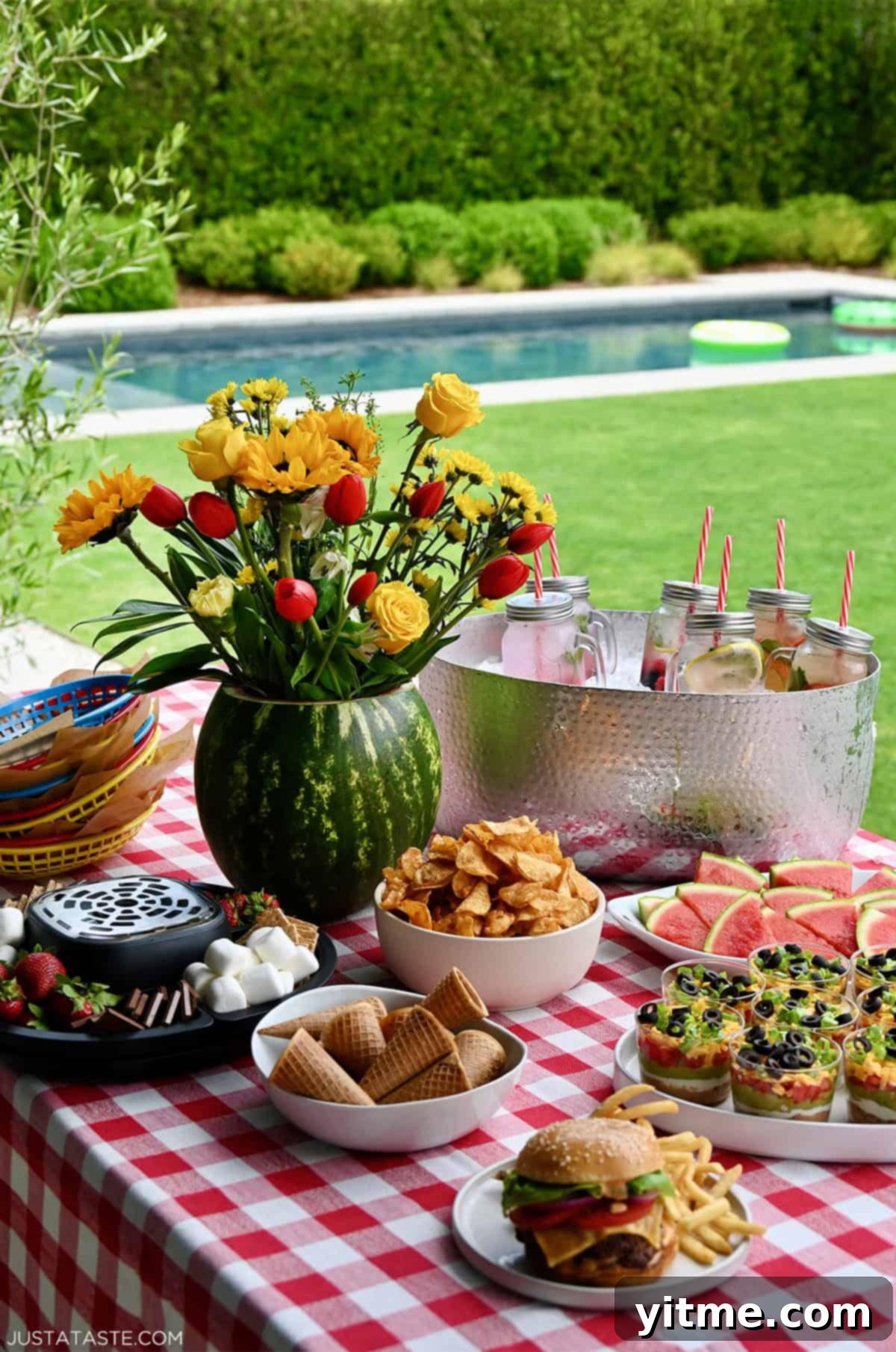 Kelly's Monthly Edit: July 2025 5 A vibrant and inviting summer picnic party table laden with delicious barbecue food, a stunning watermelon flower centerpiece, and a rustic metal drink bucket filled with ice and an assortment of cold beverages, ready for guests.